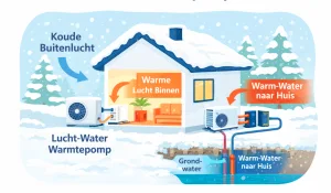 Illustratie van een lucht-water-warmtepomp die warmte uit koude buitenlucht haalt