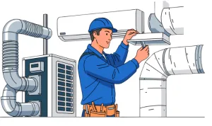 Illustratie van een monteur die een lucht-warmtepomp aansluit