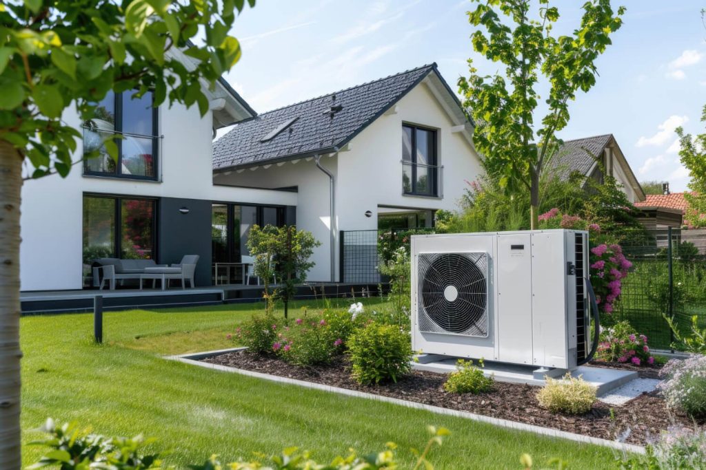 Buitenunit van een warmtepomp in de tuin bij een moderne woning