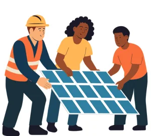 Illustratie van drie mensen die samen een zonnepaneel plaatsen