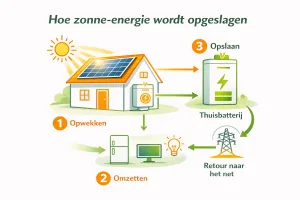 Schema: zonne-energie opwekken, omzetten, opslaan in een thuisbatterij en terugleveren
