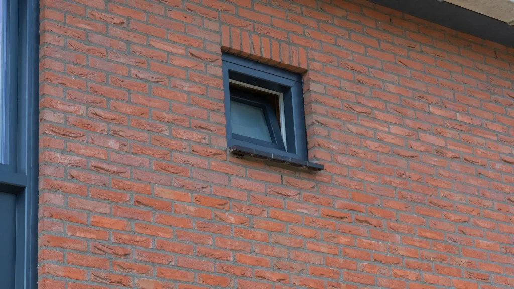 Donkerblauw kozijn hoog in een bakstenen gevel in Hoofddorp
