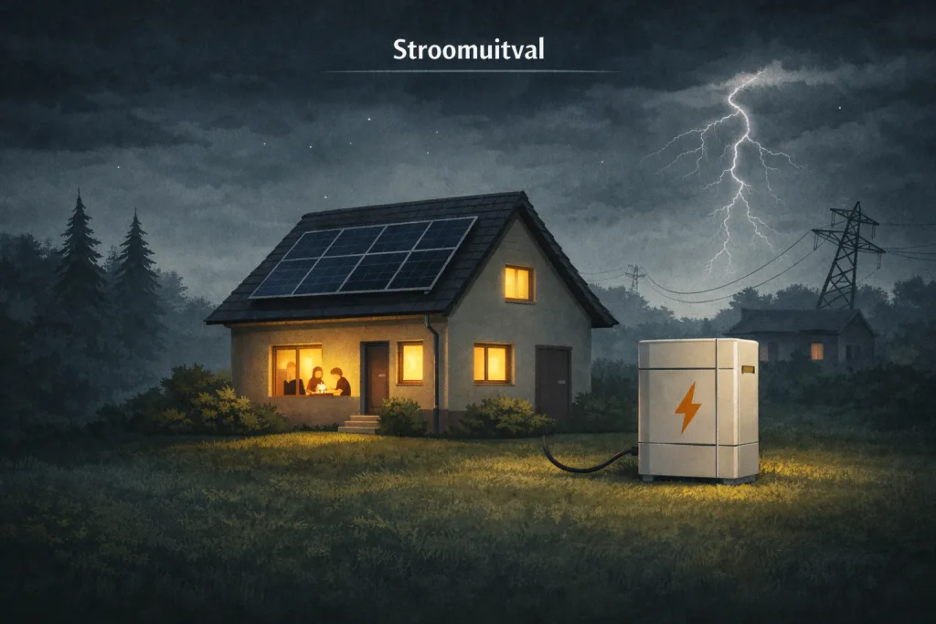 Woning met zonnepanelen en een thuisbatterij tijdens een stroomstoring