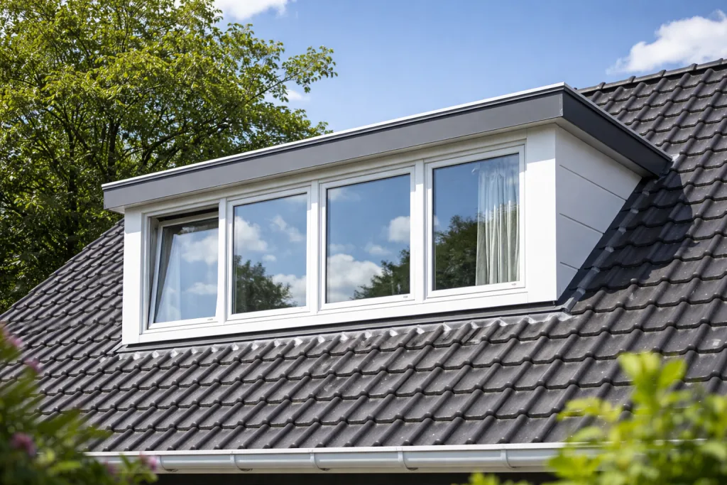 Witte dakkapel met drie ramen op een donker pannendak