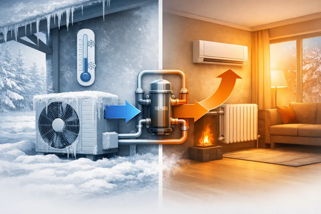 Warmtepomp in de vrieskou levert warmte aan een warme woonkamer