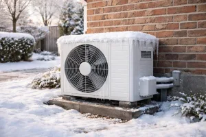Besneeuwde buitenunit van een warmtepomp naast een bakstenen muur