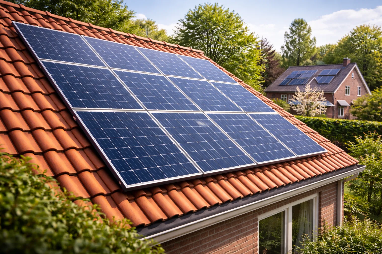 Zonnepanelen op een rood pannendak van een Nederlandse woning