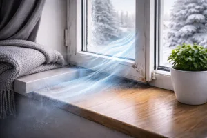Koude lucht stroomt door een oud raam de kamer in