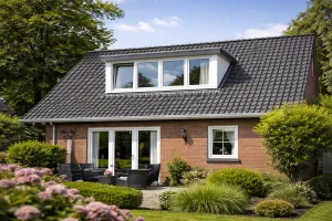 Woning met een brede dakkapel en een verzorgde tuin