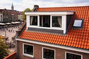 Witte dakkapel op een rood pannendak boven een stadsplein