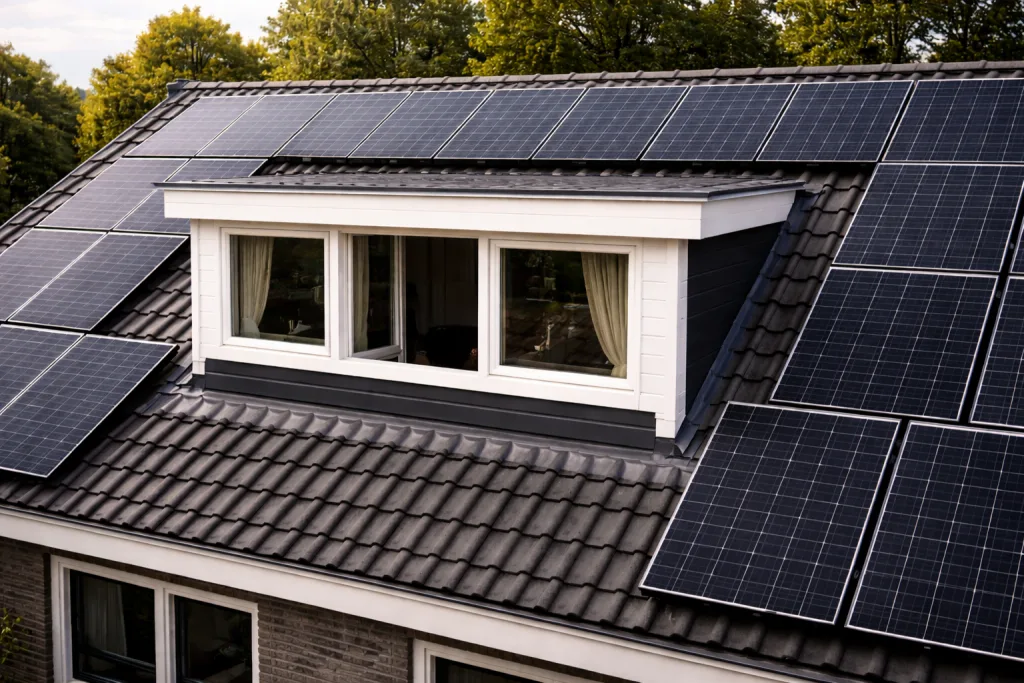 Dakkapel tussen zonnepanelen op een donker dak