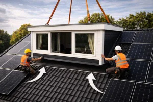 Monteurs plaatsen een dakkapel tussen de zonnepanelen