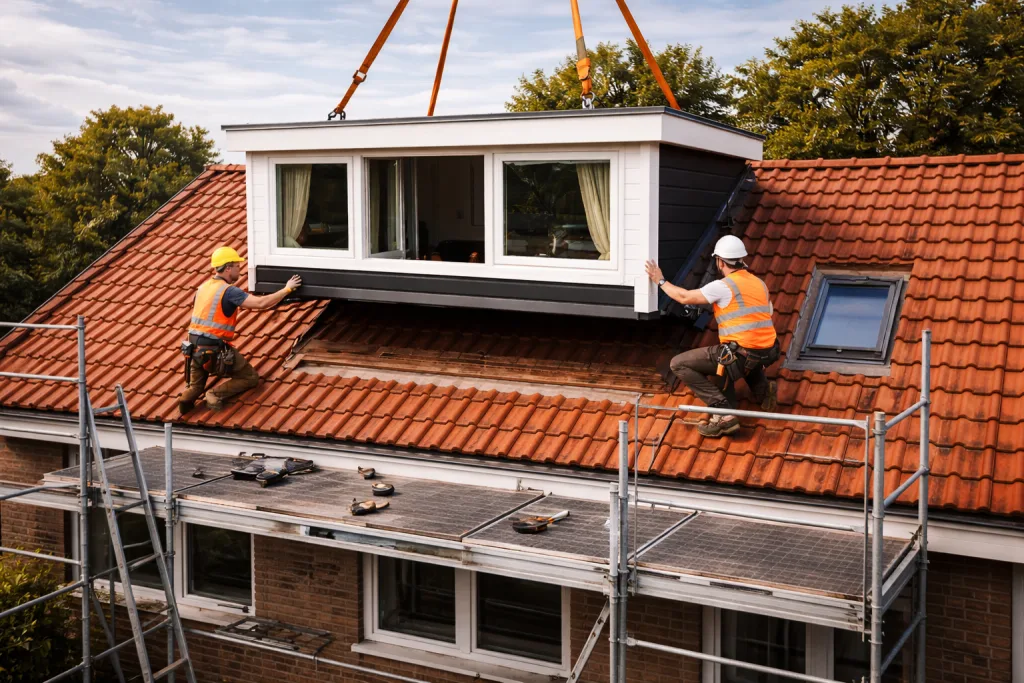 Monteurs zetten een prefab dakkapel met een kraan op zijn plek