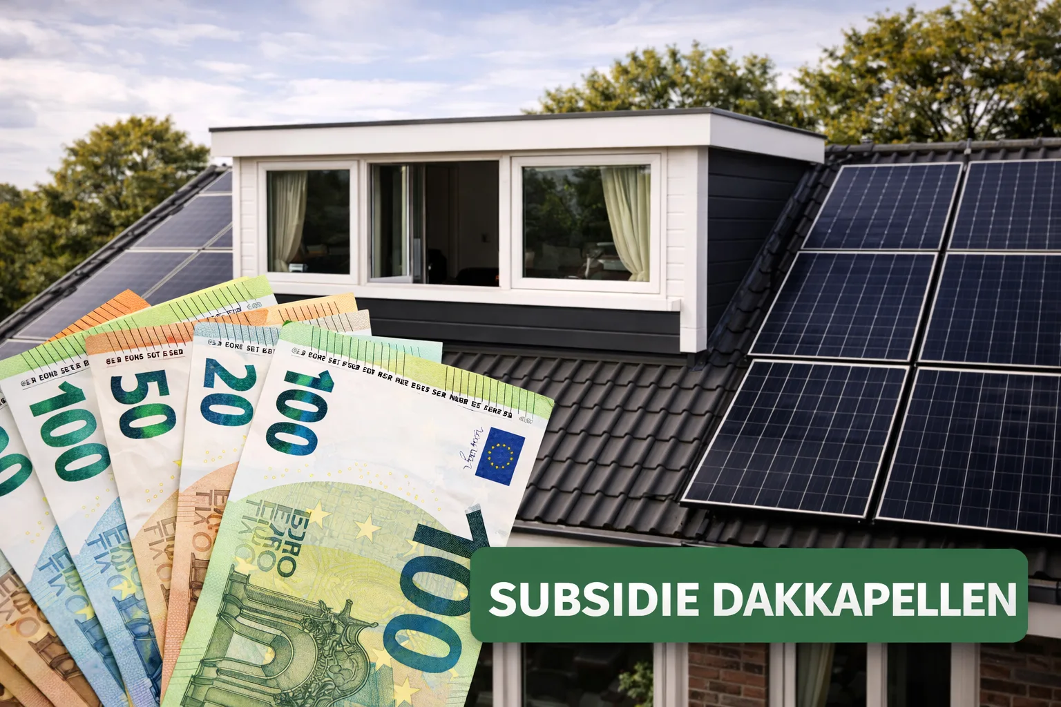 Eurobiljetten bij een dakkapel met de tekst "subsidie dakkapellen"
