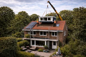 Kraan hijst een dakkapel op het dak van een woning met steigers