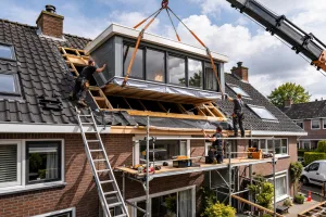 Kraan hijst een prefab dakkapel op het dak van een woning