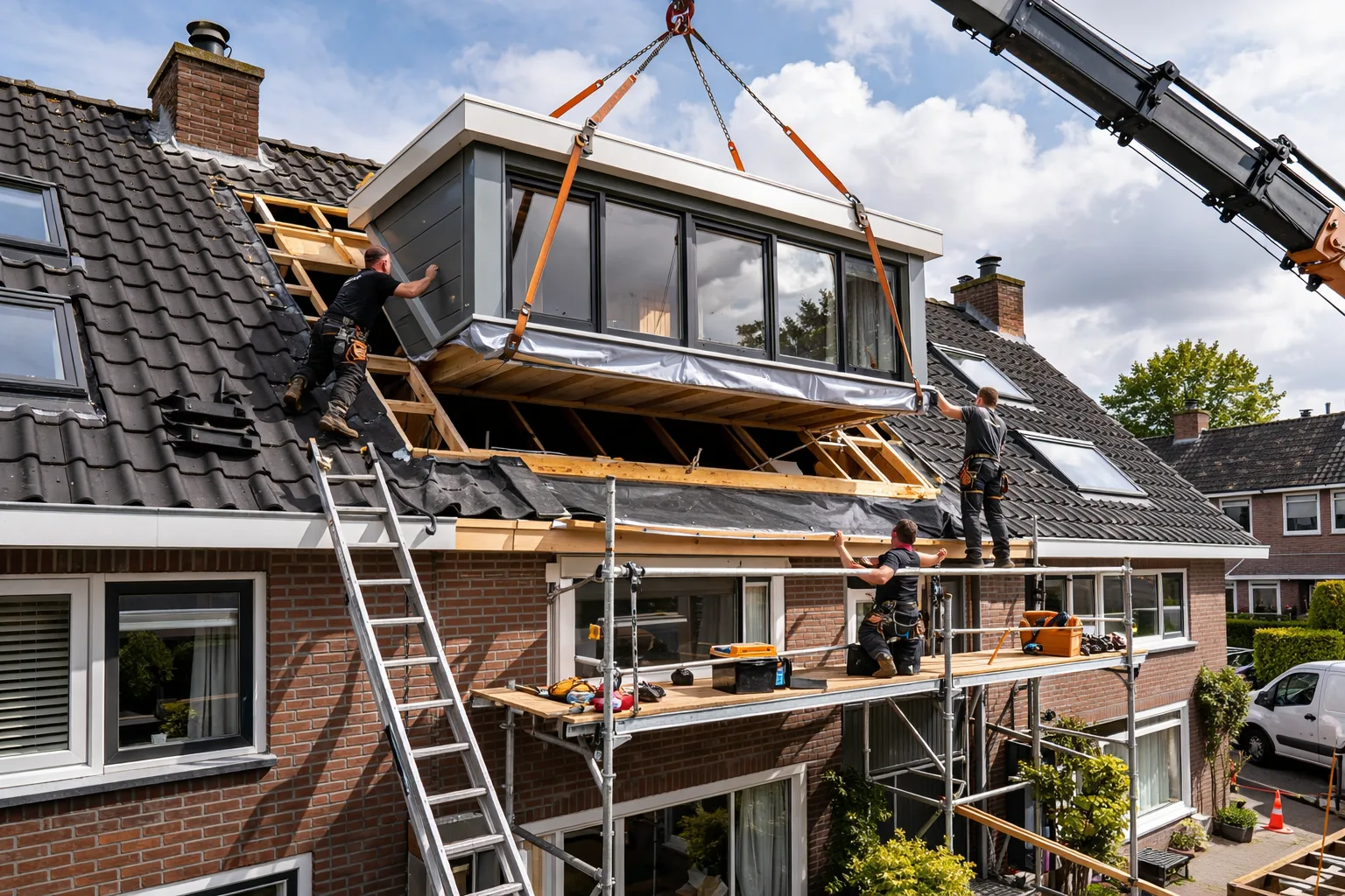 Kraan hijst een prefab dakkapel op het dak van een woning
