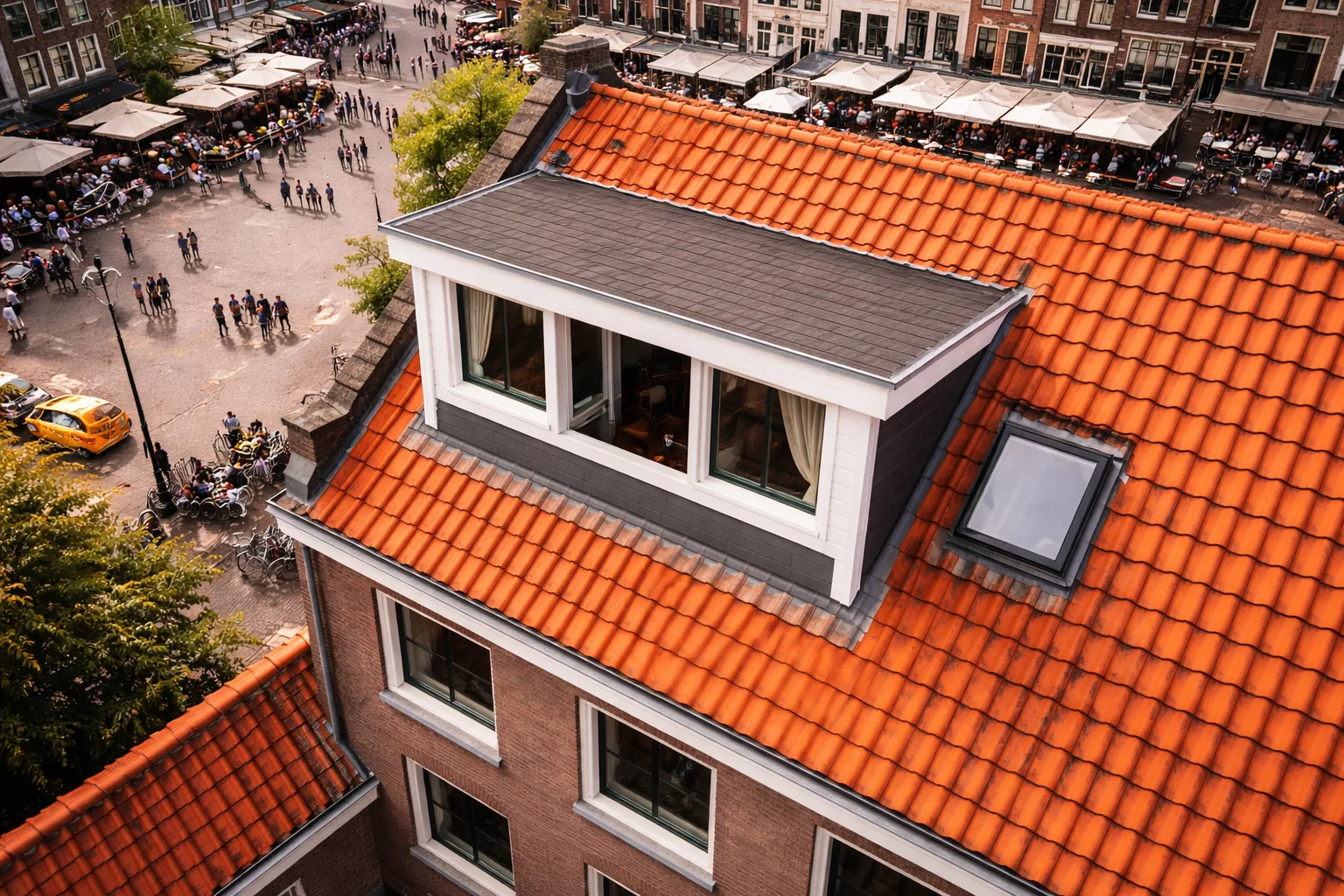 Dakkapel op een rood pannendak, van bovenaf gezien