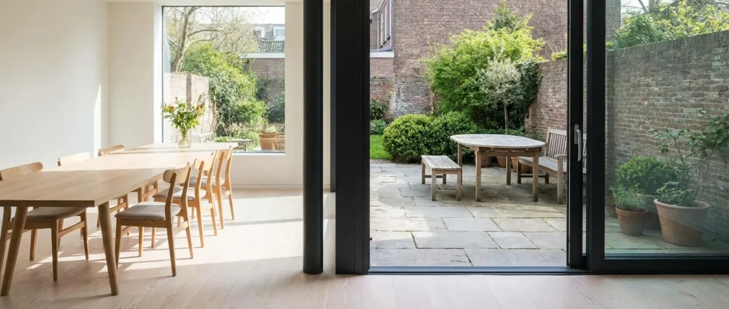 Houten schuifpui aan een Nederlandse woning