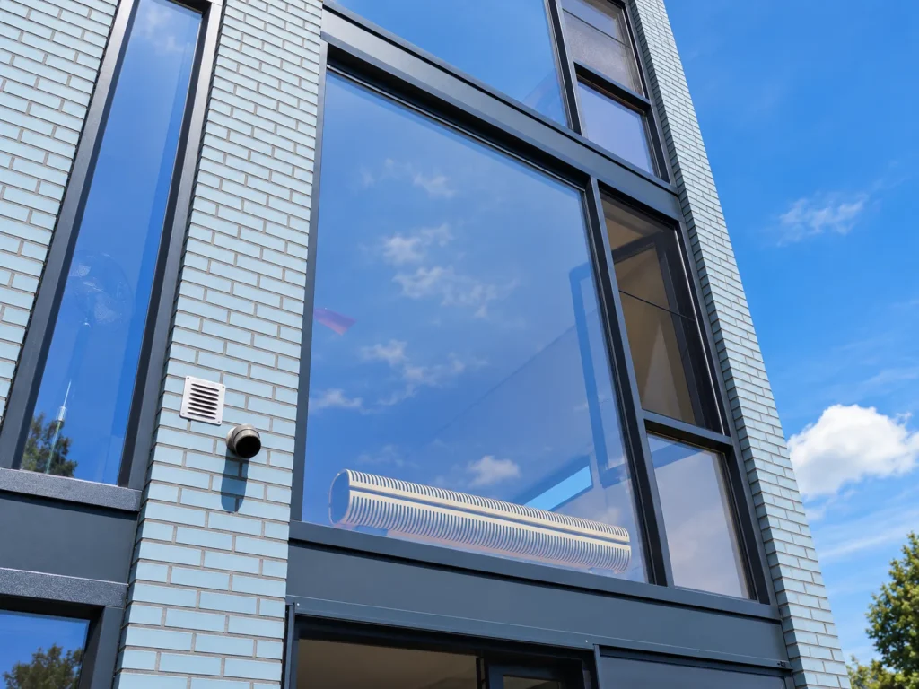 Grote antraciet kozijnen met veel glas in een lichtblauwe gevel in Den Haag