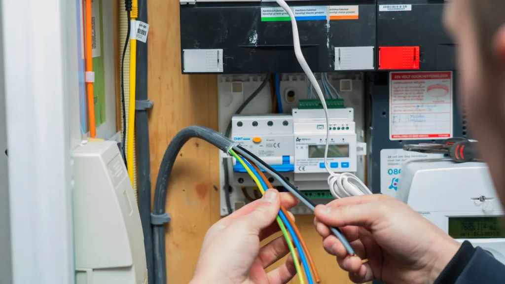 Monteur sluit bekabeling aan in de meterkast
