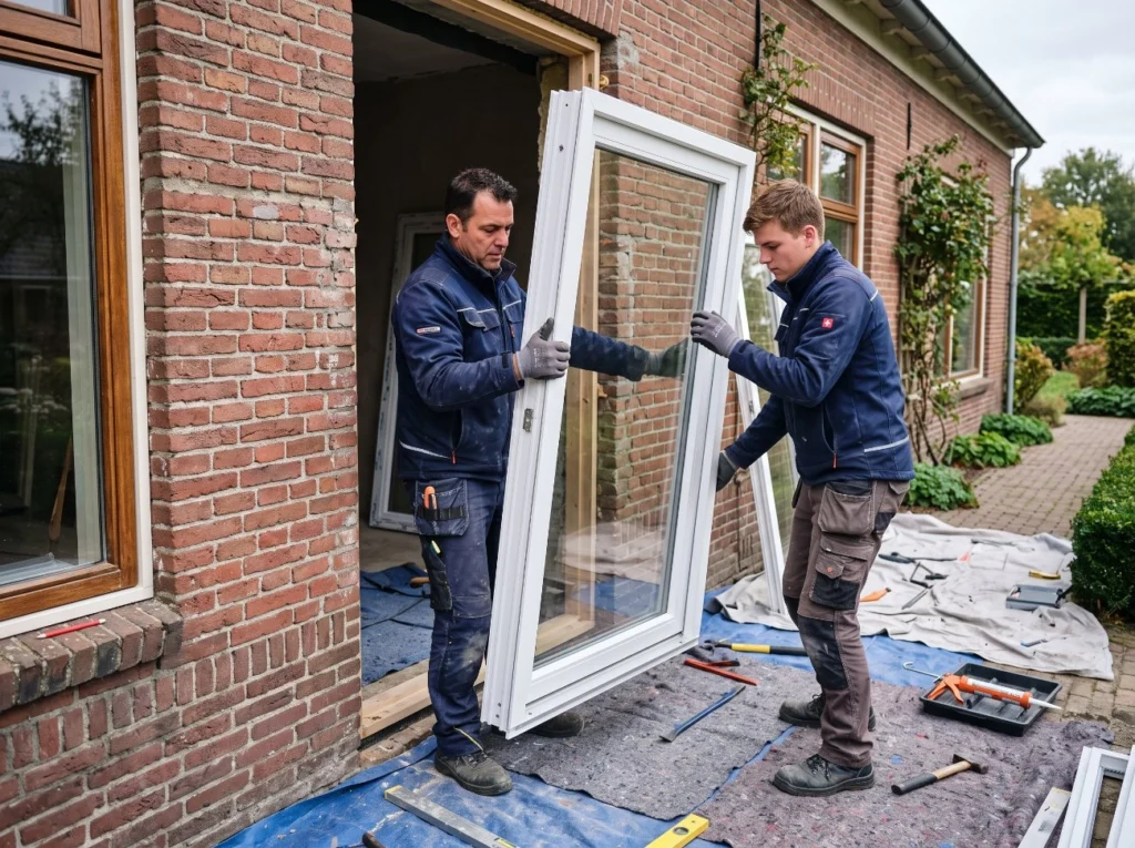 Twee monteurs van Ventasol plaatsen een nieuw kozijn in de gevel